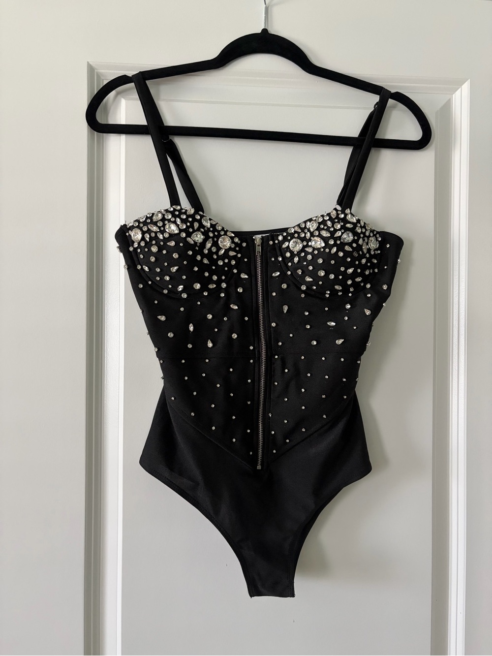 Kiwi Black Rhinestone-Embellished Bustier Bodysuit
